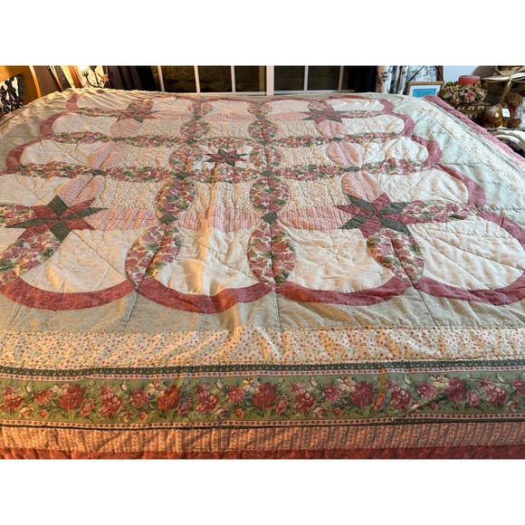 Vintage Floral Wedding Ring Star Patchwork Quilt Pink Green Cottagecore queen - Picture 2 of 11